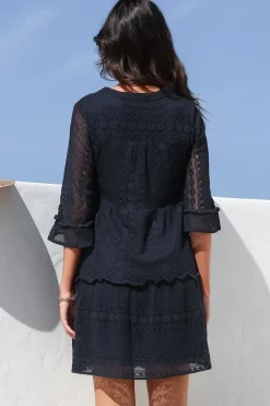 Emberly Mini Dress - Open-Work Lace Dress with Buttoned Bodice in Navy><noscript><img width=
