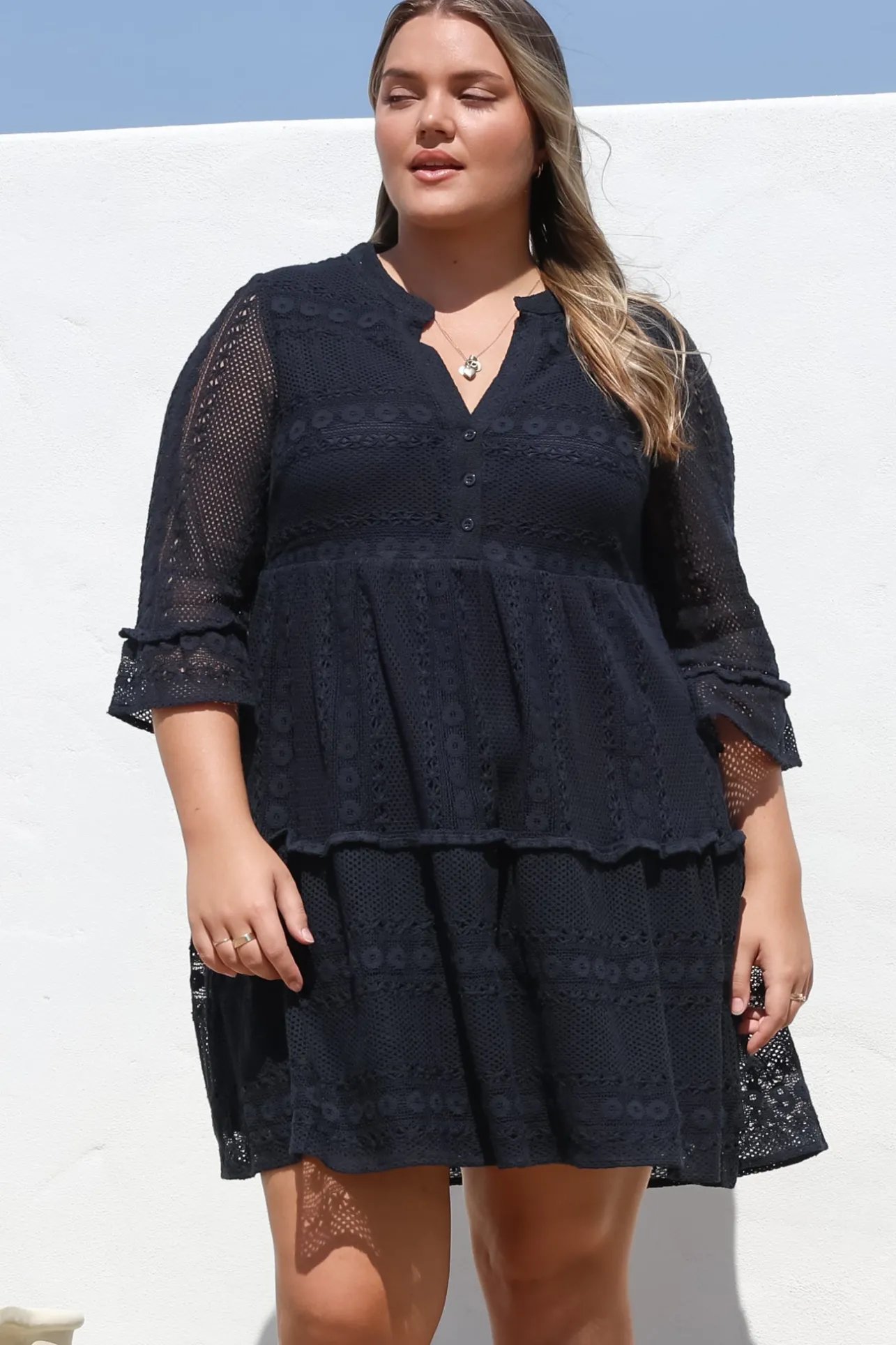 Emberly Mini Dress - Open-Work Lace Dress with Buttoned Bodice in Navy>Salty Crush Discount