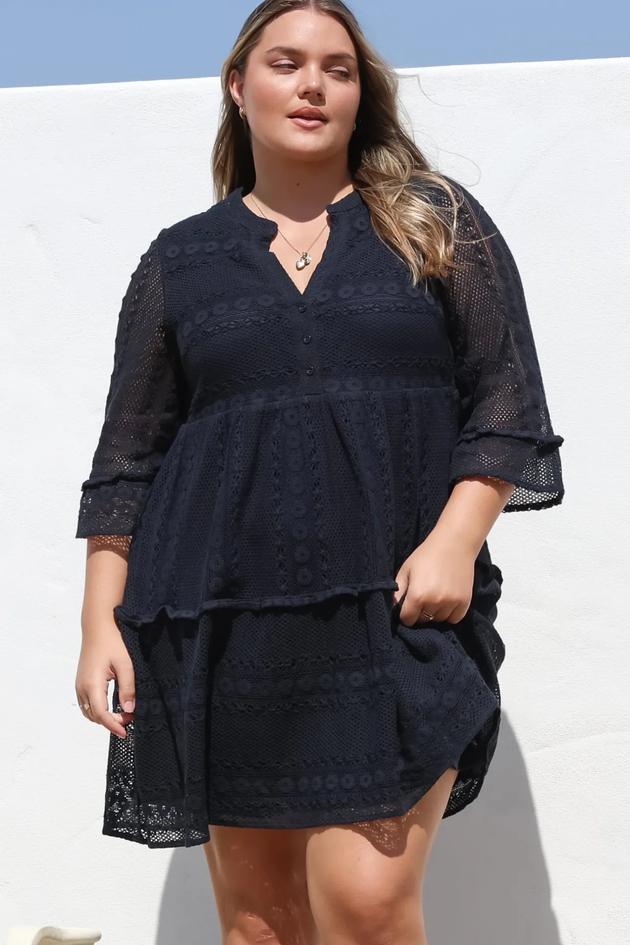 Emberly Mini Dress - Open-Work Lace Dress with Buttoned Bodice in Navy>Salty Crush Discount