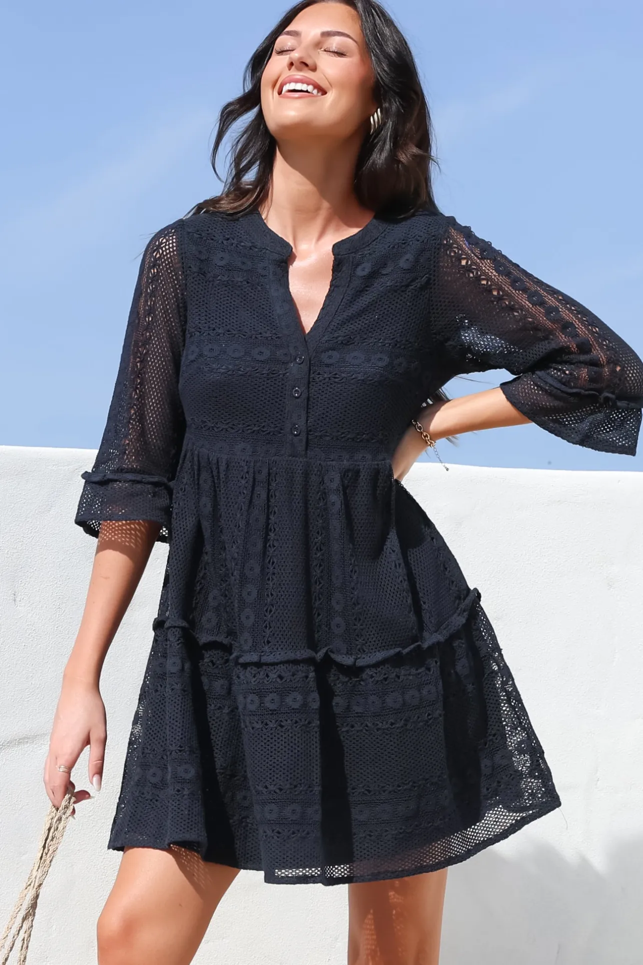 Emberly Mini Dress - Open-Work Lace Dress with Buttoned Bodice in Navy>Salty Crush Discount