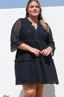 Emberly Mini Dress - Open-Work Lace Dress with Buttoned Bodice in Navy><noscript><img width=