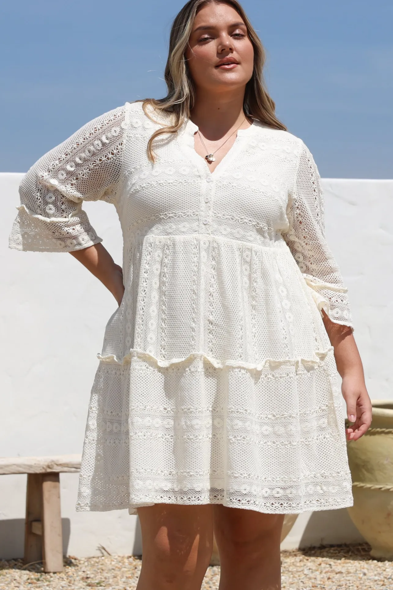 Emberly Mini Dress - Open-Work Lace Dress with Buttoned Bodice in Cream>Salty Crush Best