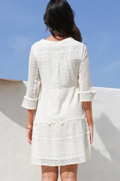 Emberly Mini Dress - Open-Work Lace Dress with Buttoned Bodice in Cream><noscript><img width=