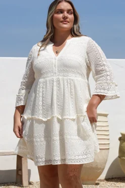 Emberly Mini Dress - Open-Work Lace Dress with Buttoned Bodice in Cream><noscript><img width=