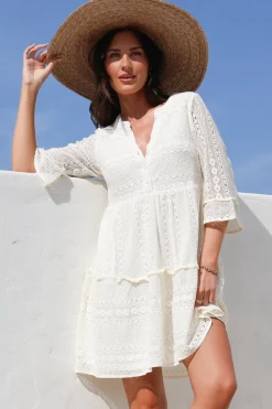 Emberly Mini Dress - Open-Work Lace Dress with Buttoned Bodice in Cream><noscript><img width=
