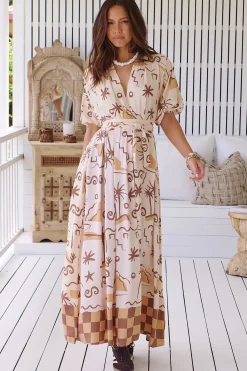 Emerson Wrap Maxi Dress - Balloon Sleeve Kimono Wrap Dress in Tuscan Sands Print>Jaase Hot