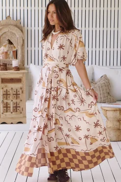 Emerson Wrap Maxi Dress - Balloon Sleeve Kimono Wrap Dress in Tuscan Sands Print><noscript><img width=