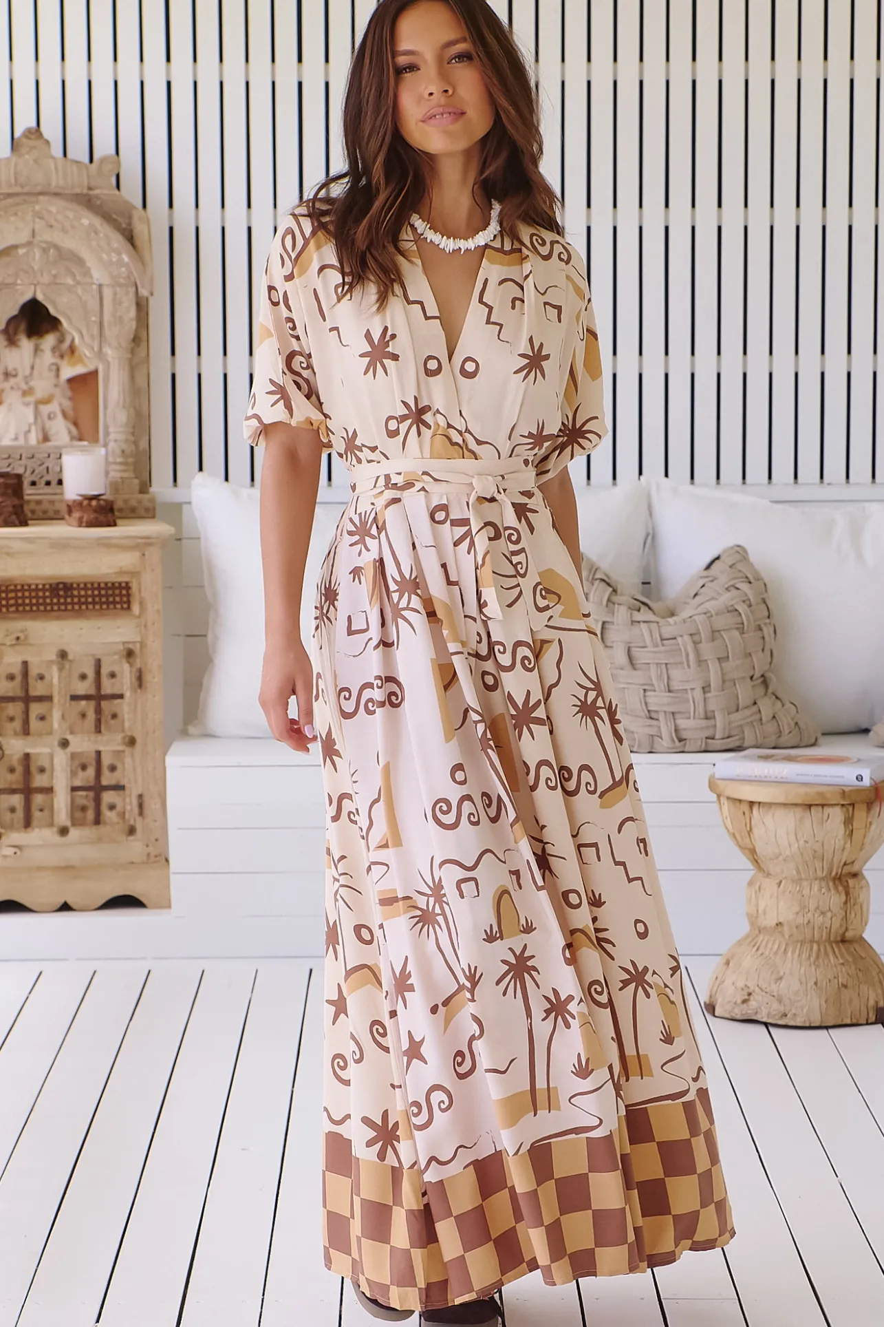 Emerson Wrap Maxi Dress - Balloon Sleeve Kimono Wrap Dress in Tuscan Sands Print>Jaase Hot