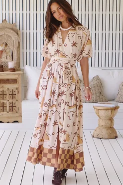 Emerson Wrap Maxi Dress - Balloon Sleeve Kimono Wrap Dress in Tuscan Sands Print><noscript><img width=