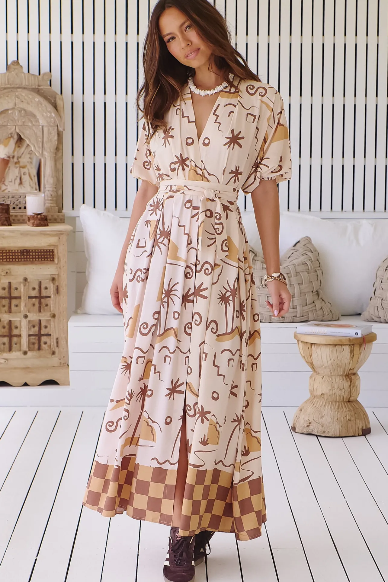 Emerson Wrap Maxi Dress - Balloon Sleeve Kimono Wrap Dress in Tuscan Sands Print>Jaase Hot