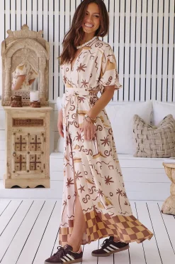 Emerson Wrap Maxi Dress - Balloon Sleeve Kimono Wrap Dress in Tuscan Sands Print><noscript><img width=