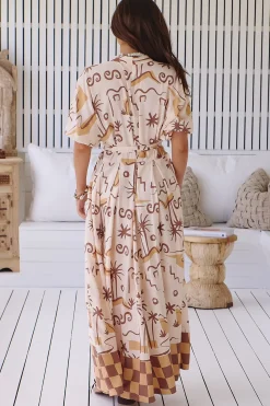 Emerson Wrap Maxi Dress - Balloon Sleeve Kimono Wrap Dress in Tuscan Sands Print><noscript><img width=