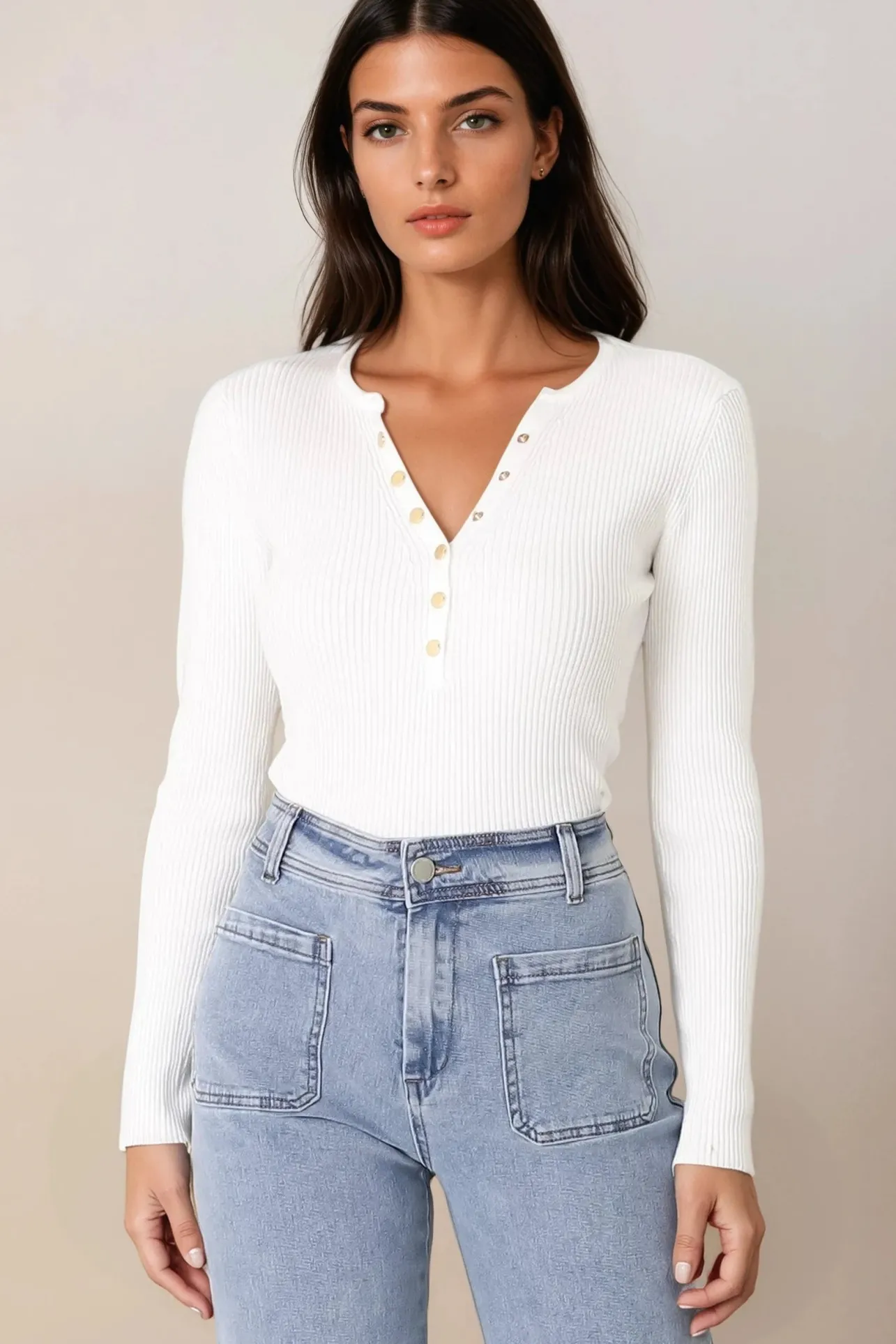 Emilia Knit Top - Gold Button Neckline Ribbed Top in White>Salty Crush Hot