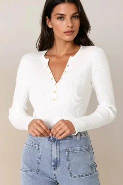 Emilia Knit Top - Gold Button Neckline Ribbed Top in White><noscript><img width=