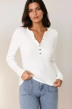Emilia Knit Top - Gold Button Neckline Ribbed Top in White><noscript><img width=