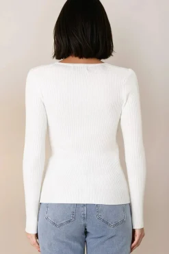 Emilia Knit Top - Gold Button Neckline Ribbed Top in White><noscript><img width=