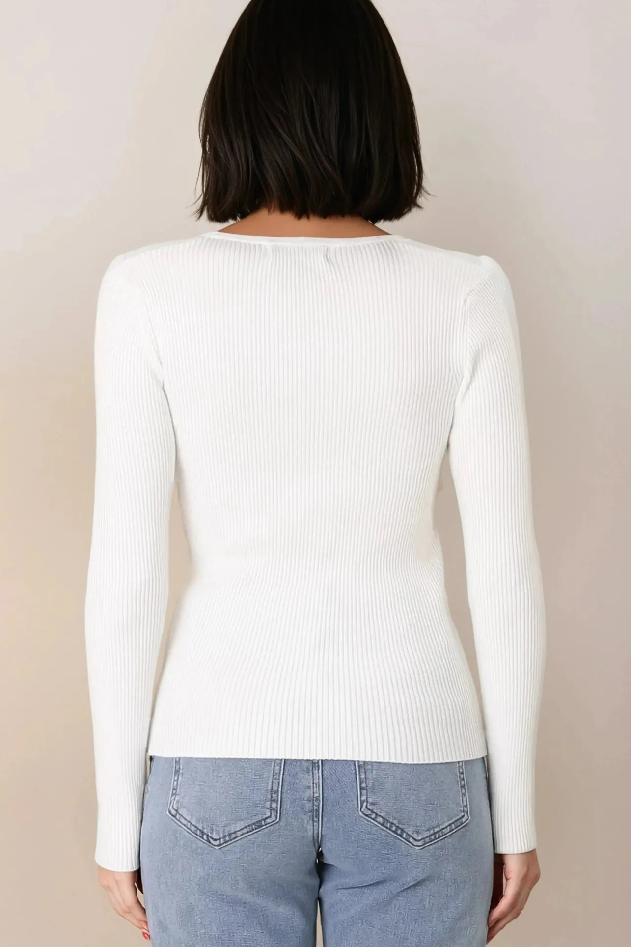 Emilia Knit Top - Gold Button Neckline Ribbed Top in White>Salty Crush Hot