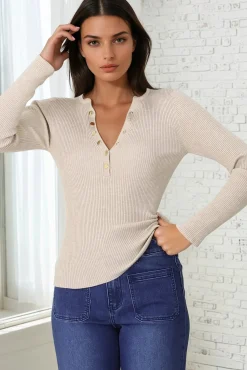 Emilia Knit Top - Gold Button Neckline Ribbed Top in Beige><noscript><img width=