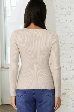 Emilia Knit Top - Gold Button Neckline Ribbed Top in Beige><noscript><img width=