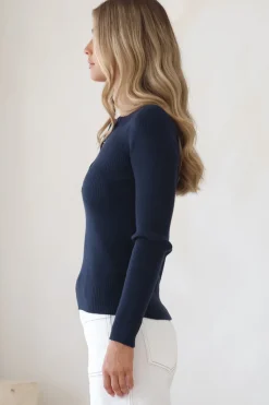 Emilia Knit Top - Gold Button Neckline Ribbed Top in Navy><noscript><img width=