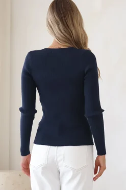 Emilia Knit Top - Gold Button Neckline Ribbed Top in Navy><noscript><img width=