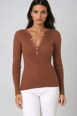 Emilia Knit Top - Gold Button Neckline Ribbed Top in Guava>Salty Crush Discount