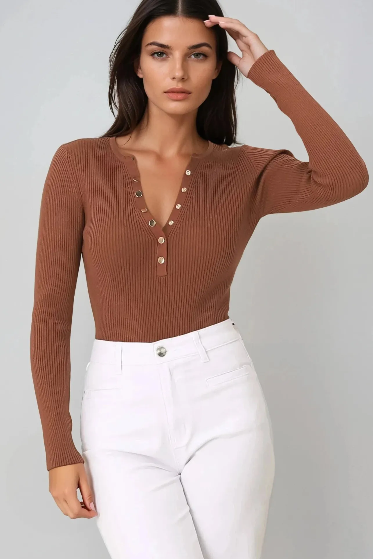 Emilia Knit Top - Gold Button Neckline Ribbed Top in Guava>Salty Crush Discount
