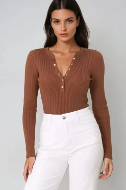 Emilia Knit Top - Gold Button Neckline Ribbed Top in Guava><noscript><img width=