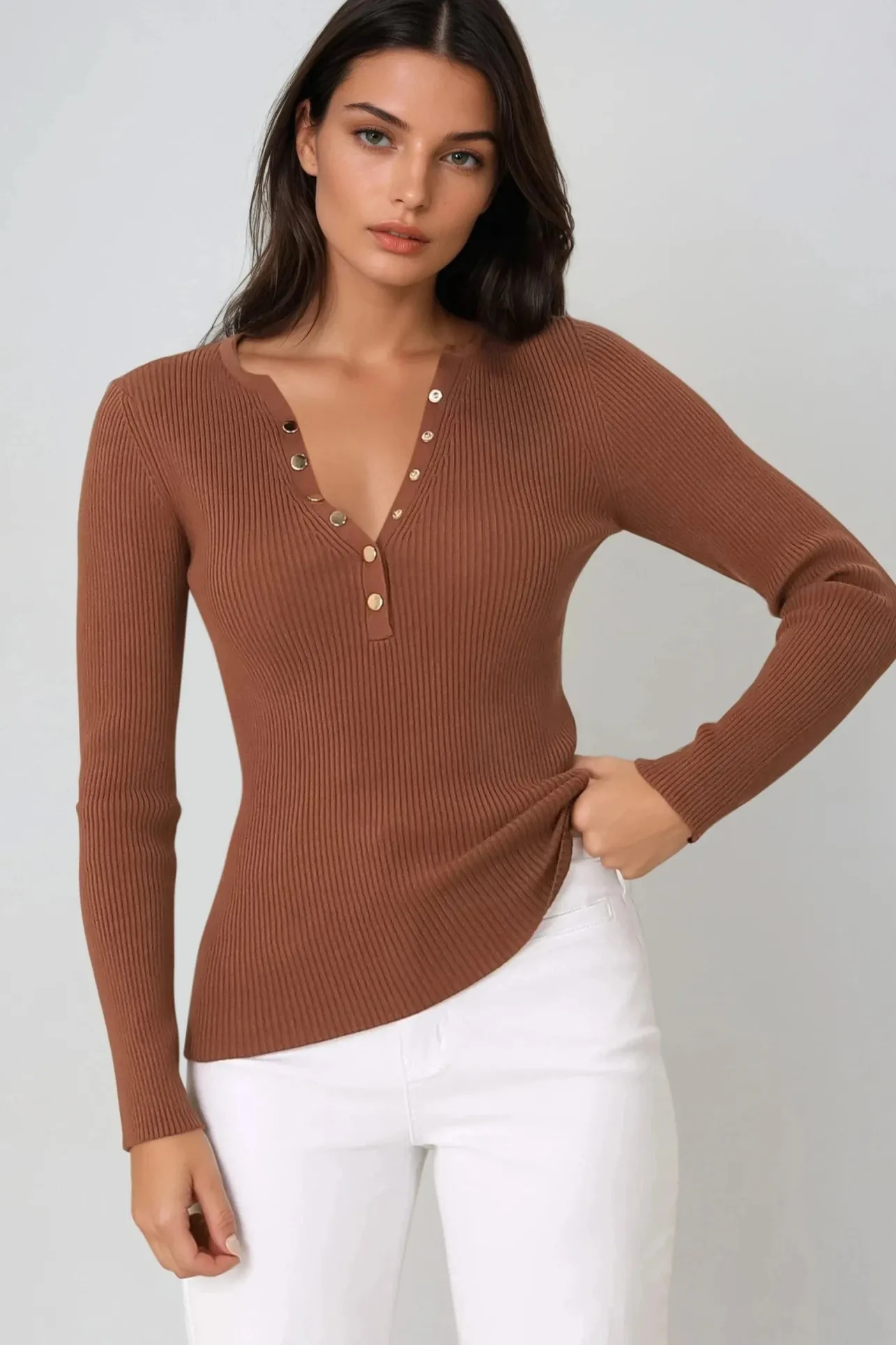 Emilia Knit Top - Gold Button Neckline Ribbed Top in Guava>Salty Crush Discount