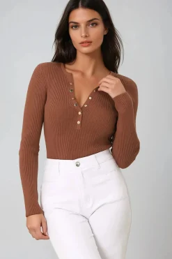 Emilia Knit Top - Gold Button Neckline Ribbed Top in Guava><noscript><img width=