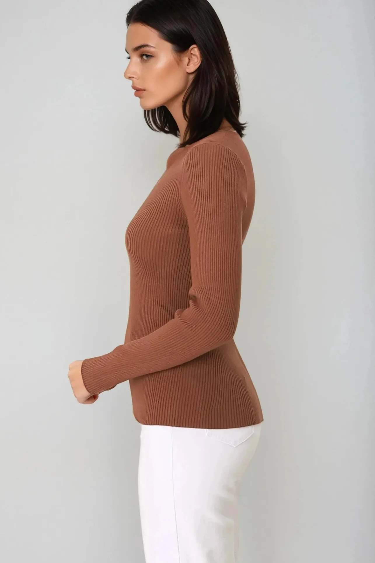 Emilia Knit Top - Gold Button Neckline Ribbed Top in Guava>Salty Crush Discount