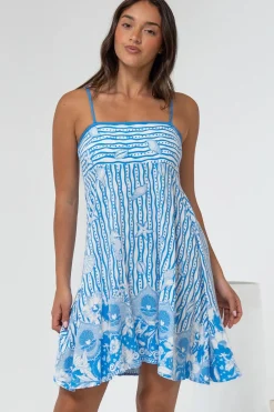 Essie Mini Dress - Sun Dress With Shirred Back In Ailsa Print>Salty Crush Discount