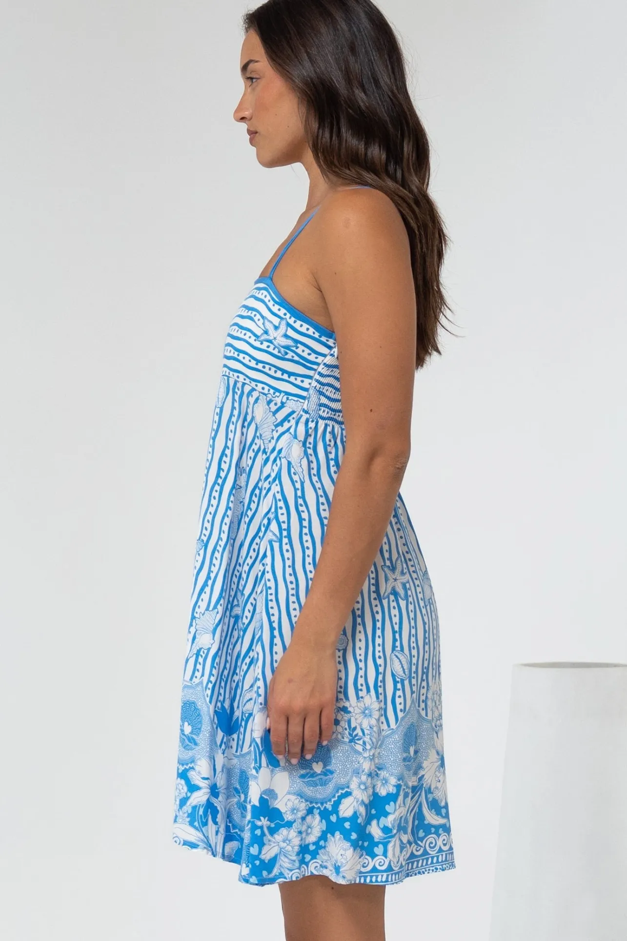 Essie Mini Dress - Sun Dress With Shirred Back In Ailsa Print>Salty Crush Discount