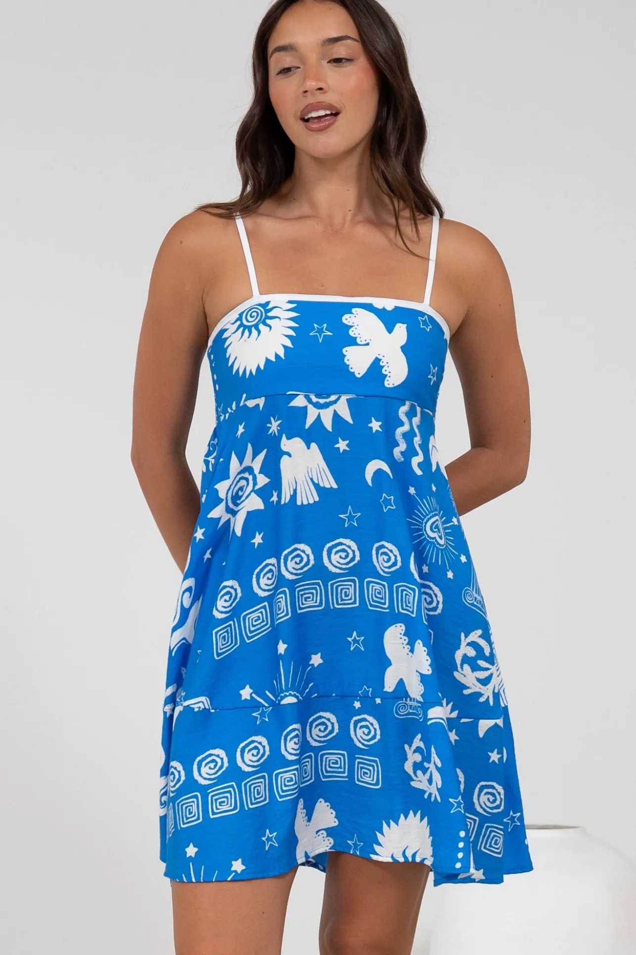 Essie Mini Dress - Sun Dress With Shirred Back In Aurie Print>Salty Crush Clearance