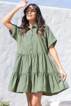 Estelle Mini Dress - Collared Tiered Smock Dress in Khaki>Salty Crush New