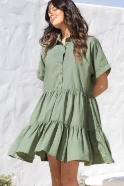 Estelle Mini Dress - Collared Tiered Smock Dress in Khaki>Salty Crush New