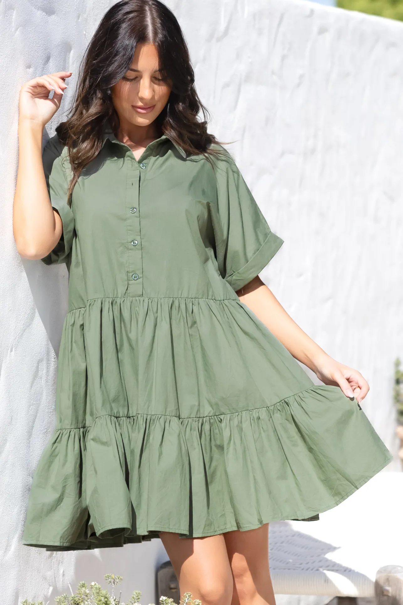 Estelle Mini Dress - Collared Tiered Smock Dress in Khaki>Salty Crush New