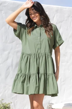 Estelle Mini Dress - Collared Tiered Smock Dress in Khaki><noscript><img width=