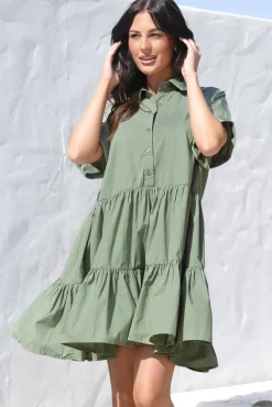 Estelle Mini Dress - Collared Tiered Smock Dress in Khaki><noscript><img width=
