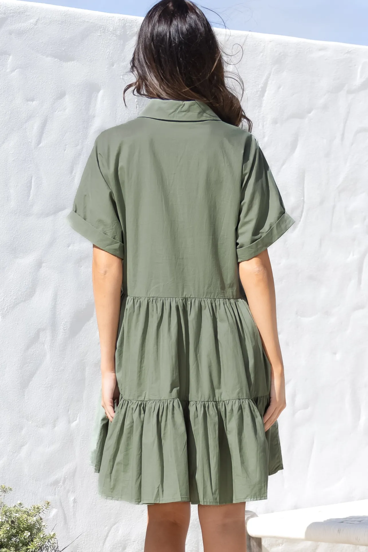 Estelle Mini Dress - Collared Tiered Smock Dress in Khaki>Salty Crush New