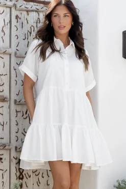 Estelle Mini Dress - Collared Tiered Smock Dress in White><noscript><img width=