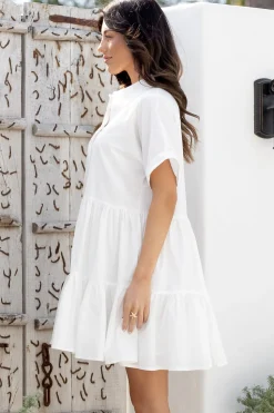 Estelle Mini Dress - Collared Tiered Smock Dress in White><noscript><img width=