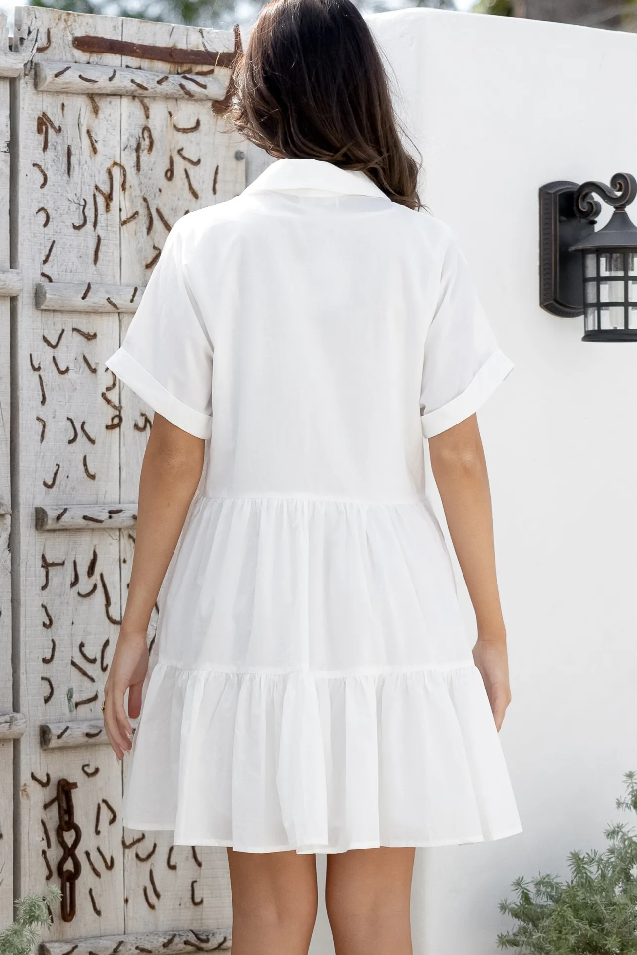 Estelle Mini Dress - Collared Tiered Smock Dress in White>Salty Crush Hot