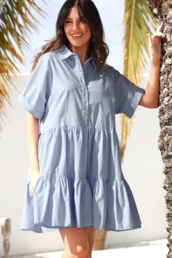 Estelle Mini Dress - Collared Tiered Smock Dress in Light Blue>Salty Crush New