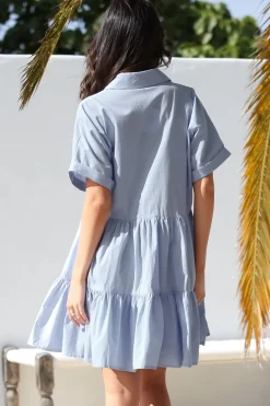 Estelle Mini Dress - Collared Tiered Smock Dress in Light Blue><noscript><img width=