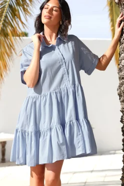 Estelle Mini Dress - Collared Tiered Smock Dress in Light Blue><noscript><img width=