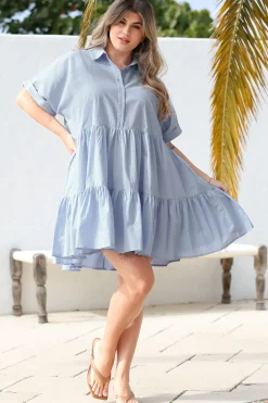 Estelle Mini Dress - Collared Tiered Smock Dress in Light Blue><noscript><img width=