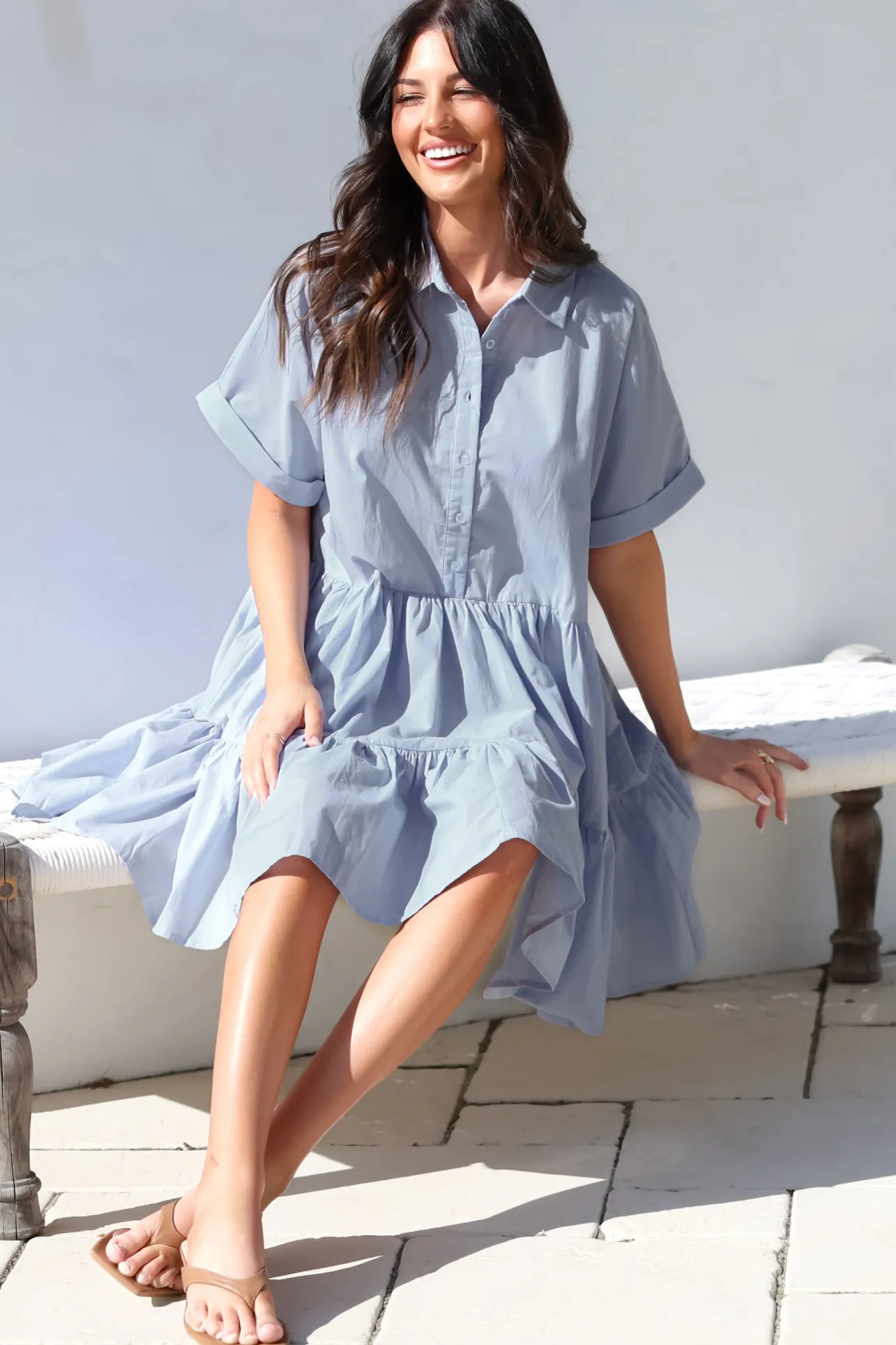 Estelle Mini Dress - Collared Tiered Smock Dress in Light Blue>Salty Crush New