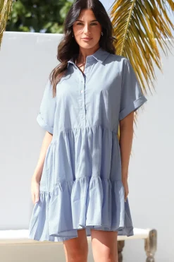 Estelle Mini Dress - Collared Tiered Smock Dress in Light Blue><noscript><img width=