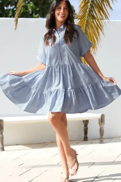 Estelle Mini Dress - Collared Tiered Smock Dress in Light Blue><noscript><img width=